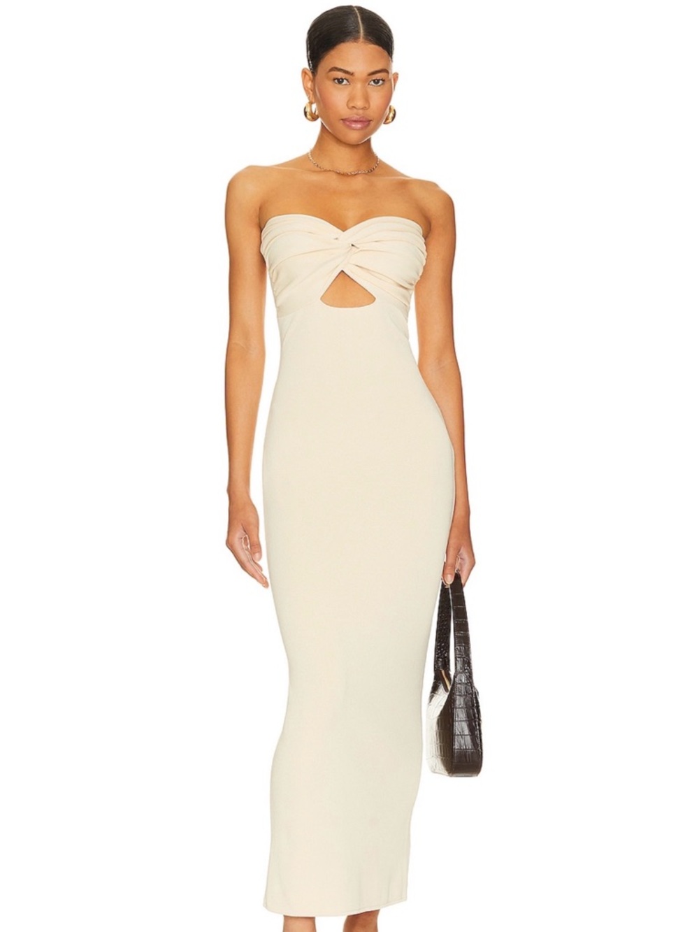 Strapless Cream Twist-Front Midi Dress